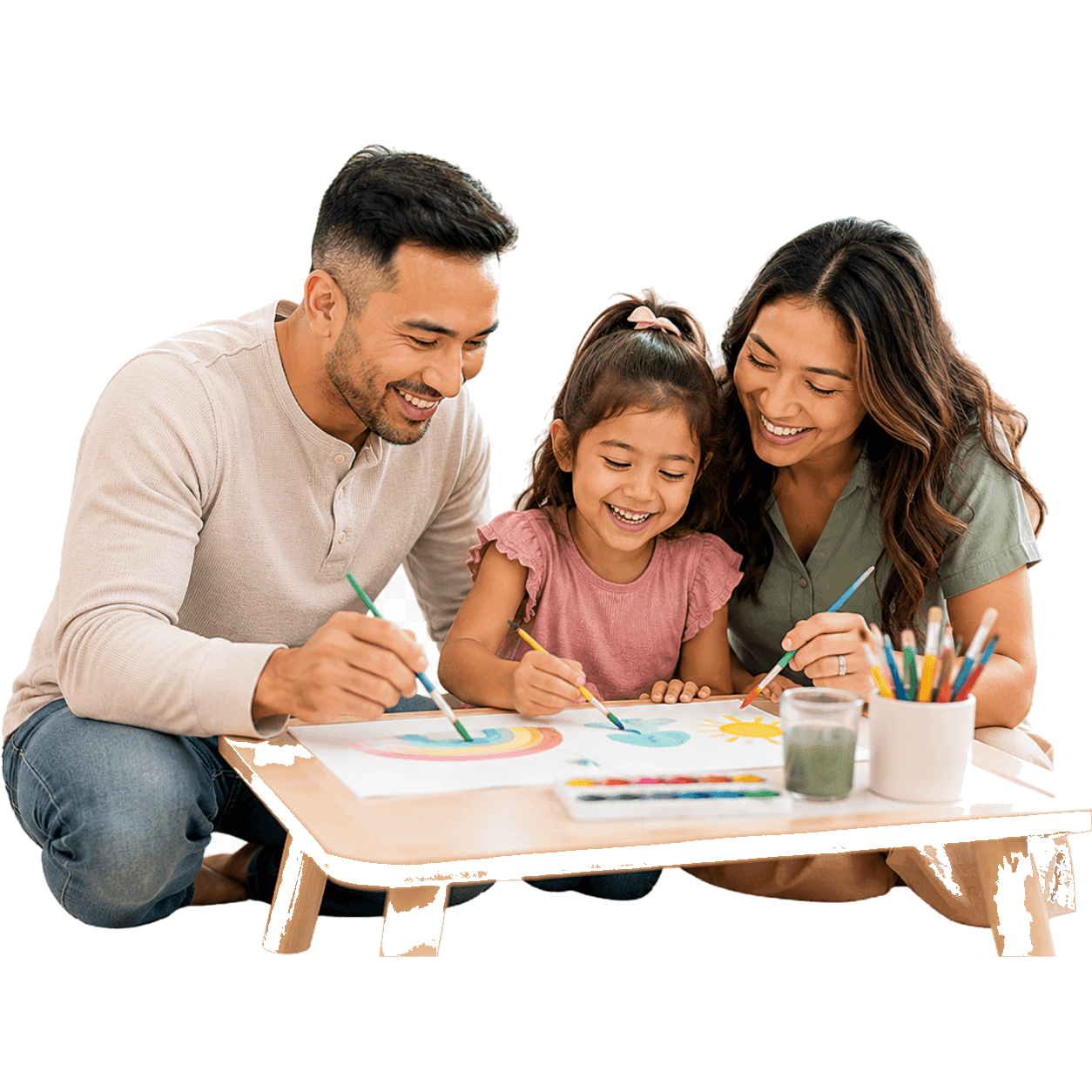 A mother, father, and daughter painting a rainbow together