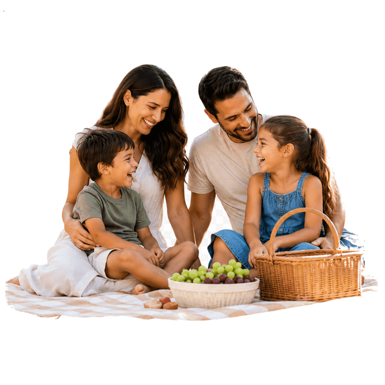 A family of four enjoying a picnic together outdoors