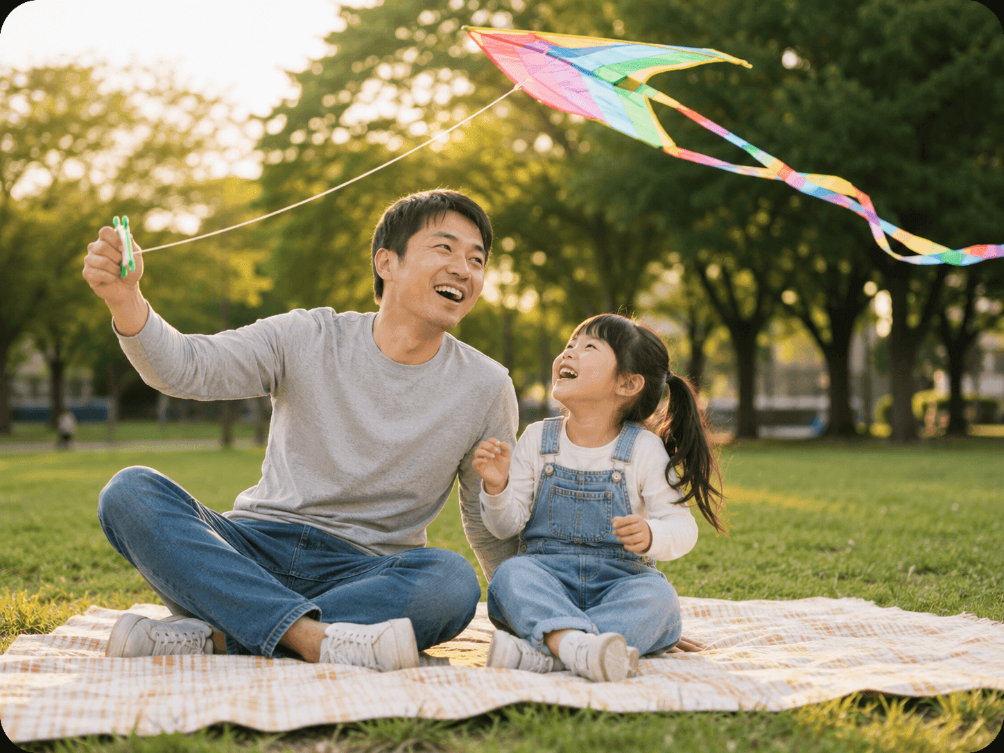 A father and his young daughter flying a kite together in a park