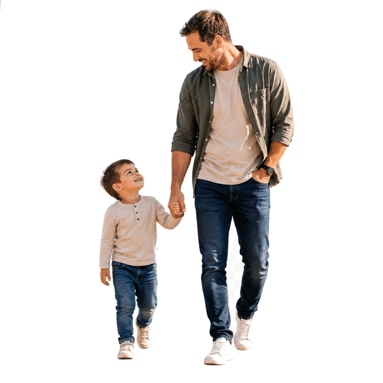 A father and his young son walking and holding hands